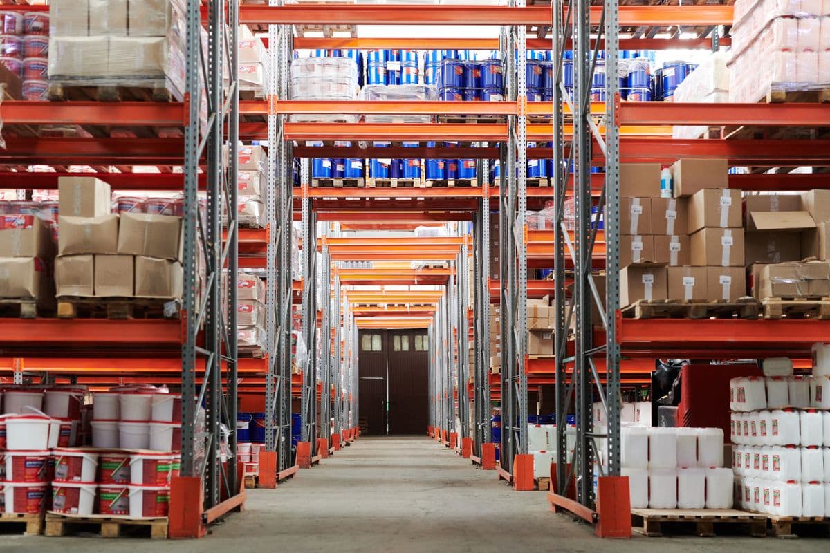 Warehouse aisle of goods ready to move